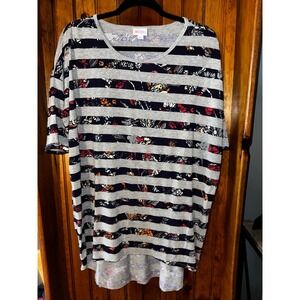 LuLaRoe Irma Women's L Gray Stripe Floral Print‎ Short Sleeve Tunic Top